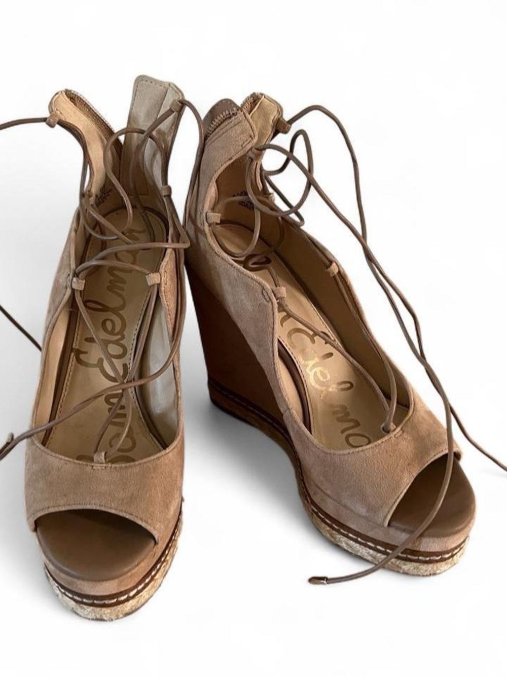 Sam Edelman Tan Suede Lace-Up Wedge Sandals